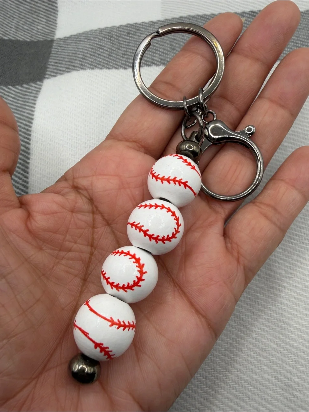 Baseball Bead Keychain with Red Stitching